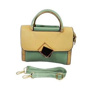 Green and Tan Two-Tone Cross Body Purse With Golden Accents, Adjustable Strap